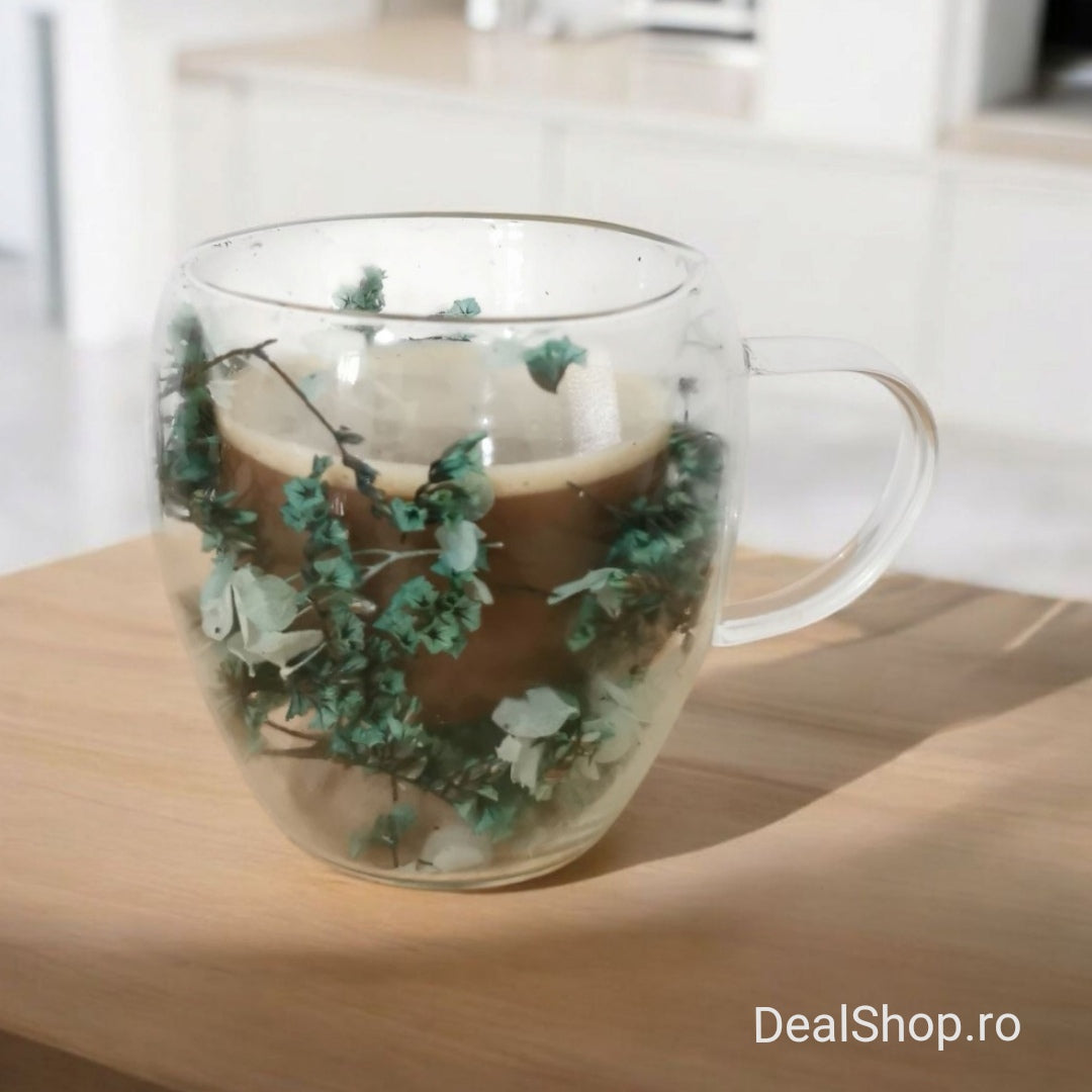 Set 4 Cesti Cafea din Sticla Termorezistenta cu Pereti Dubli si Model Flori Uscate Verde, 250 ml