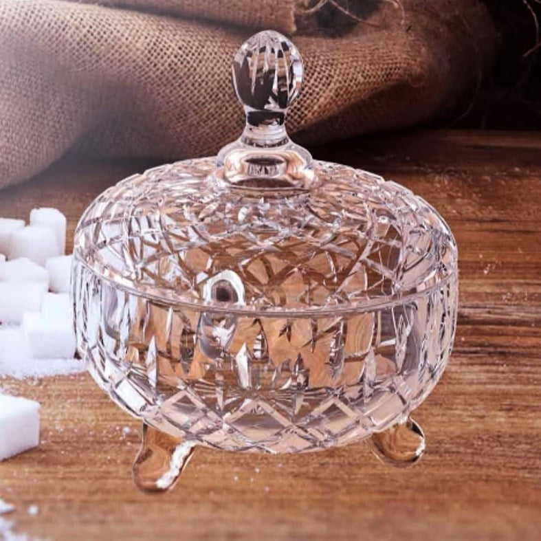 Bomboniera cu capac si picioare, Sticla, Design in Relief, 210 ml, Transparent