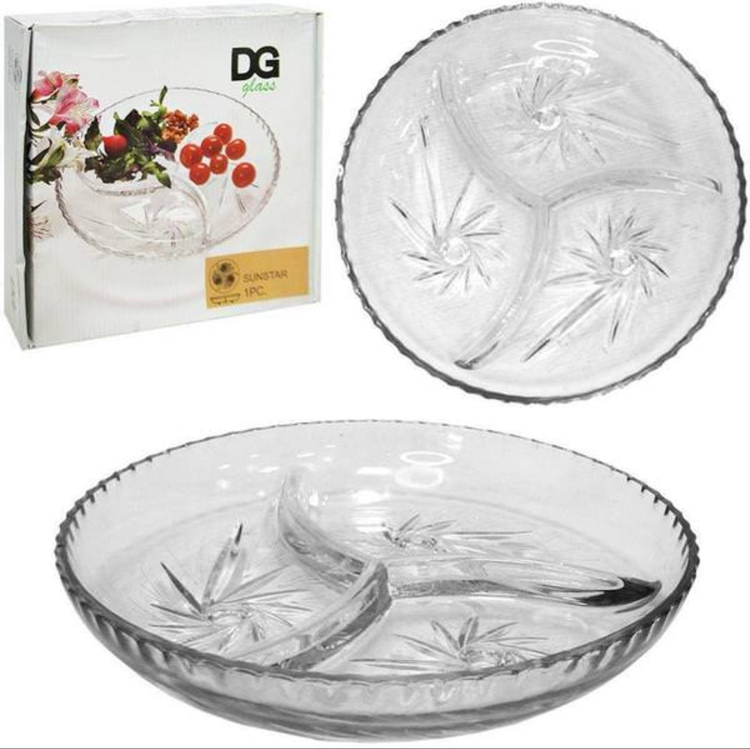 Platou aperitiv, sticla rezistenta, rotund compartimentat, 22 cm