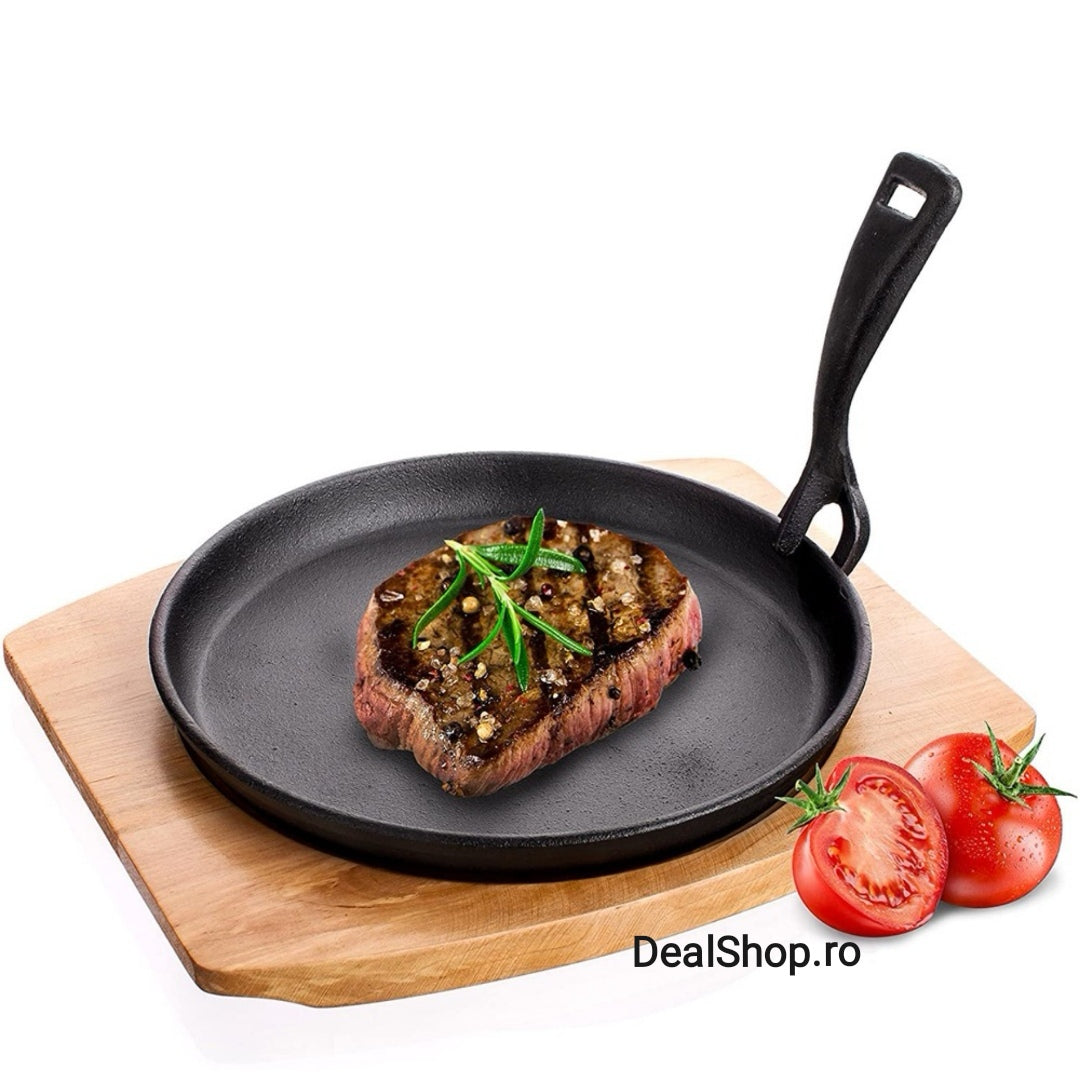 Tigaie fonta pura cu suport din lemn fonta pura suport lemn 22 cm tigaie grill