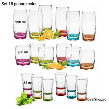 Set 18 pahare sticla color, 390 ml, 290 ml și 34 ml ideale pentru evenimente cadoul perfect