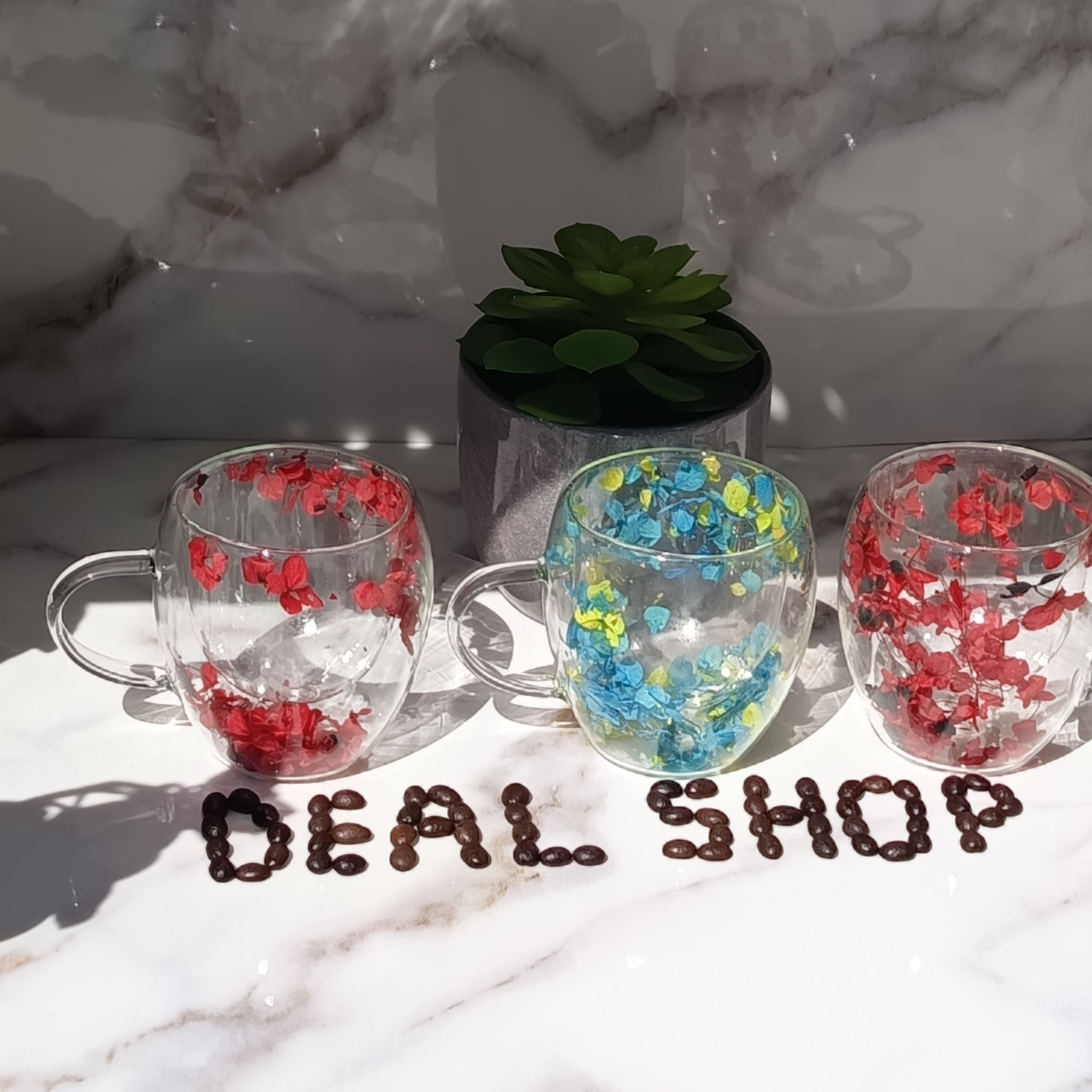 Set 12 cesti cafea pereti dubli sticla termorezistenta, model flori uscate, 250 ml