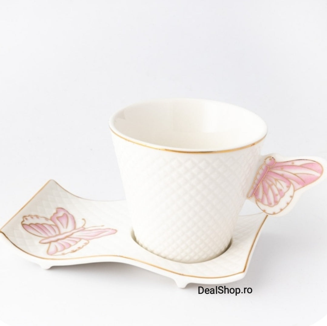 Set 6 cesti cafea alb cu imprimeu roz fluture 200 ml Eleganta si Stil MALOOKI LUXURY COLLECTION