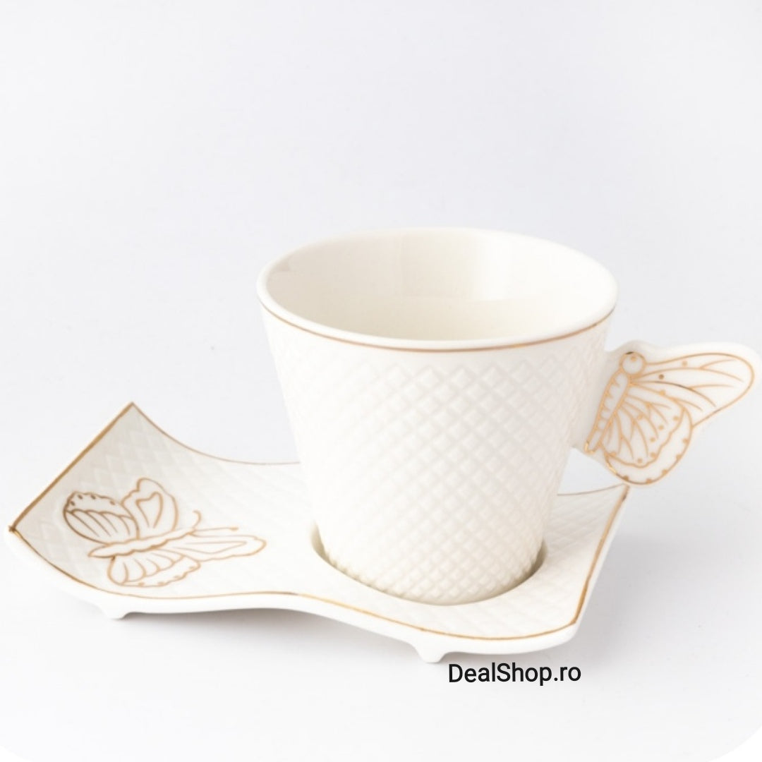 Set 6 cești cafea sau ceai 200 ml cu farfurioare alb cu Imprimeu auriu și model fluture, Malooki Luxury Collection