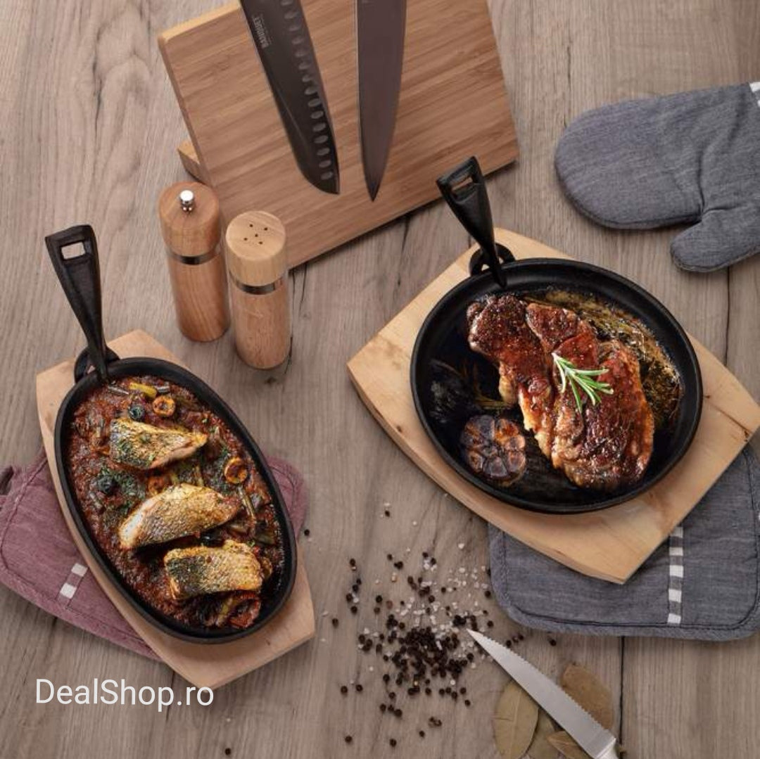 Tigaie grill fonta pura ovala cu suport din lemn grătar fonta suport lemn 27 x 17,5 cm gatit sanatos