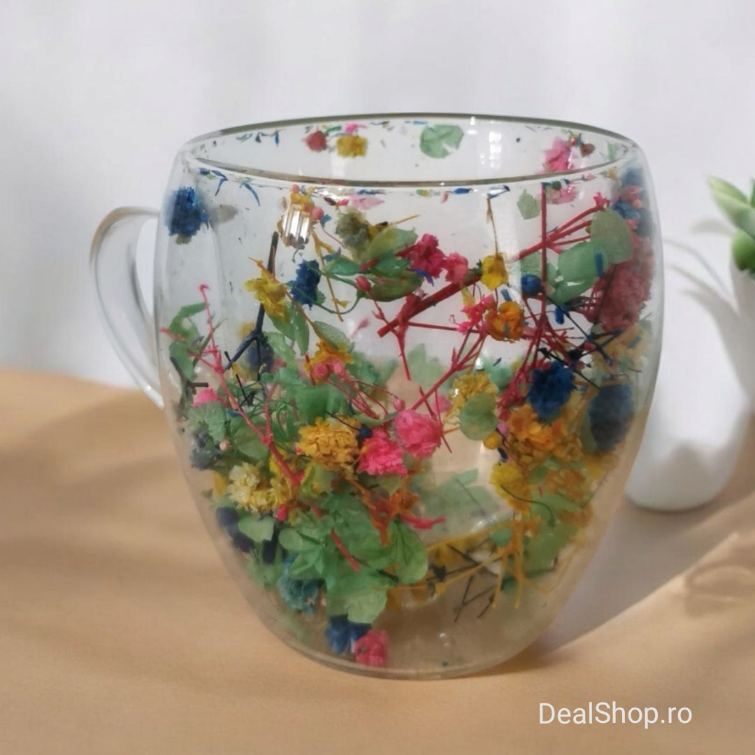 Set 12 cesti cafea Pereti Dubli Sticla Termorezistenta, Model Flori Uscate, 250 ml