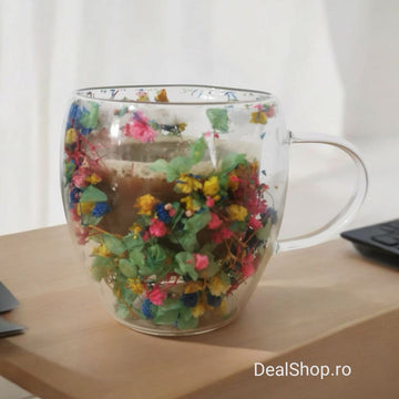 Set 6 Cești Cafea din Sticlă Termorezistentă cu Pereți Dubli, Model Flori Uscate 250 ml