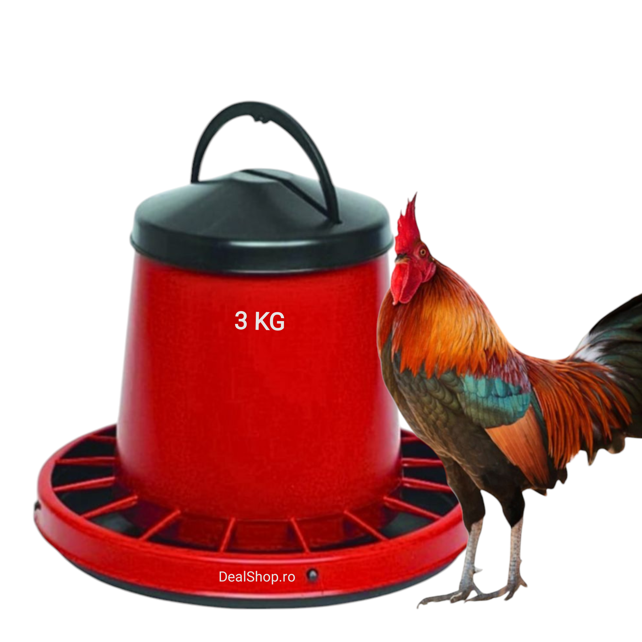 Hranitoare pentru pui si păsari de curte cu buncar, 3 kg Negru cu Rosu