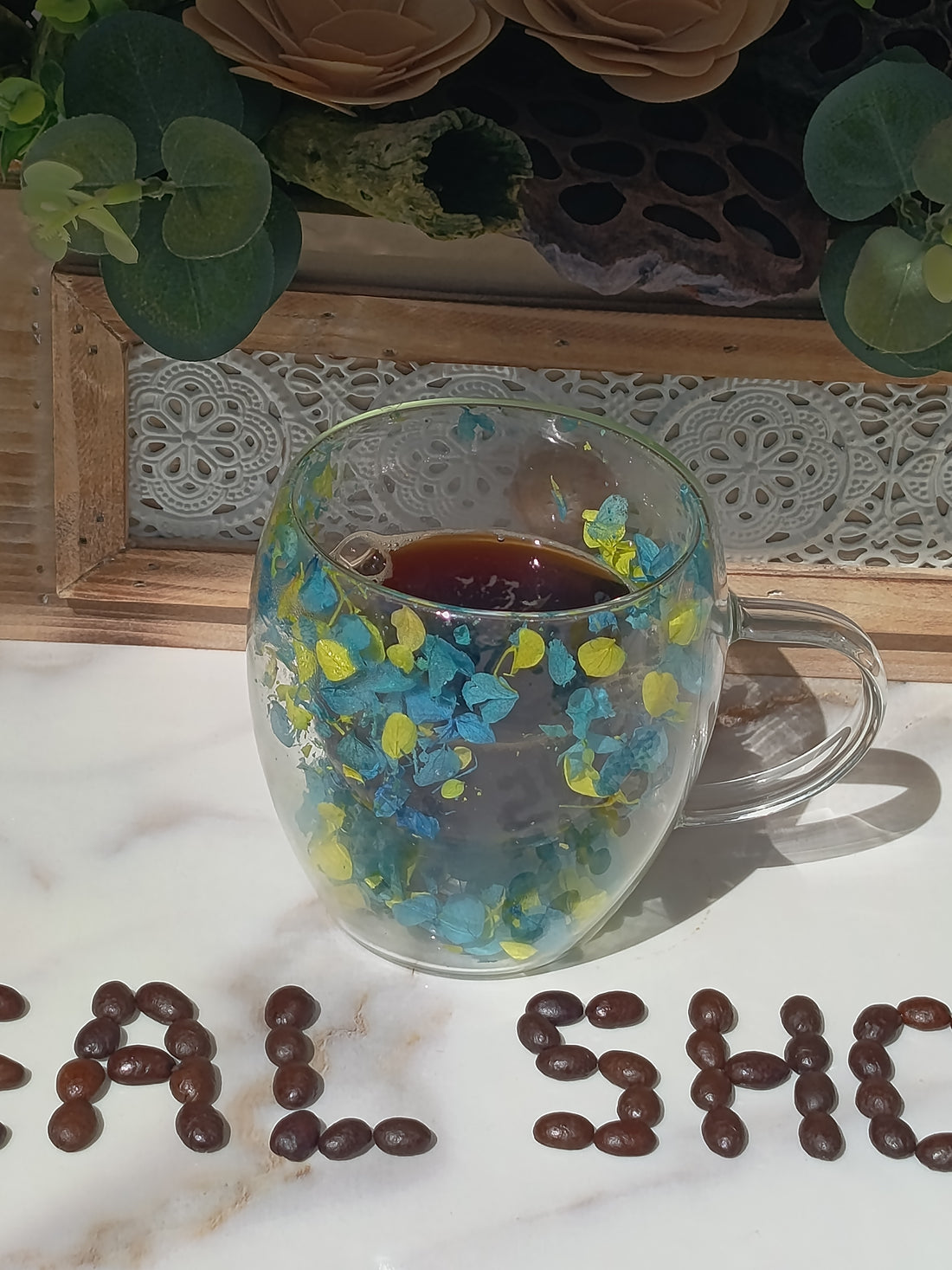Set 4 cesti cafea din sticla termorezistenta cu pereti dubli model flori uscate 250 ml