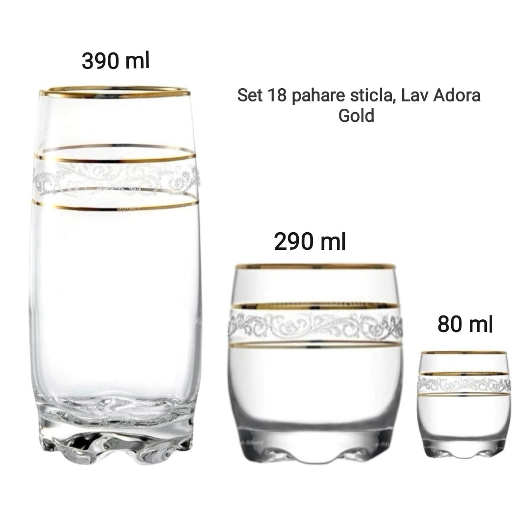 Set 18 pahare sticla, Lav Adora Gold 80 ml 290 ml și 390 ml pt terasa piscina evenimente CADOUL PERFECT