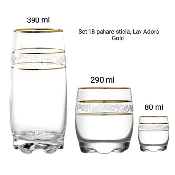 Set 18 pahare sticla, Lav Adora Gold 80 ml 290 ml și 390 ml pt terasa piscina evenimente CADOUL PERFECT