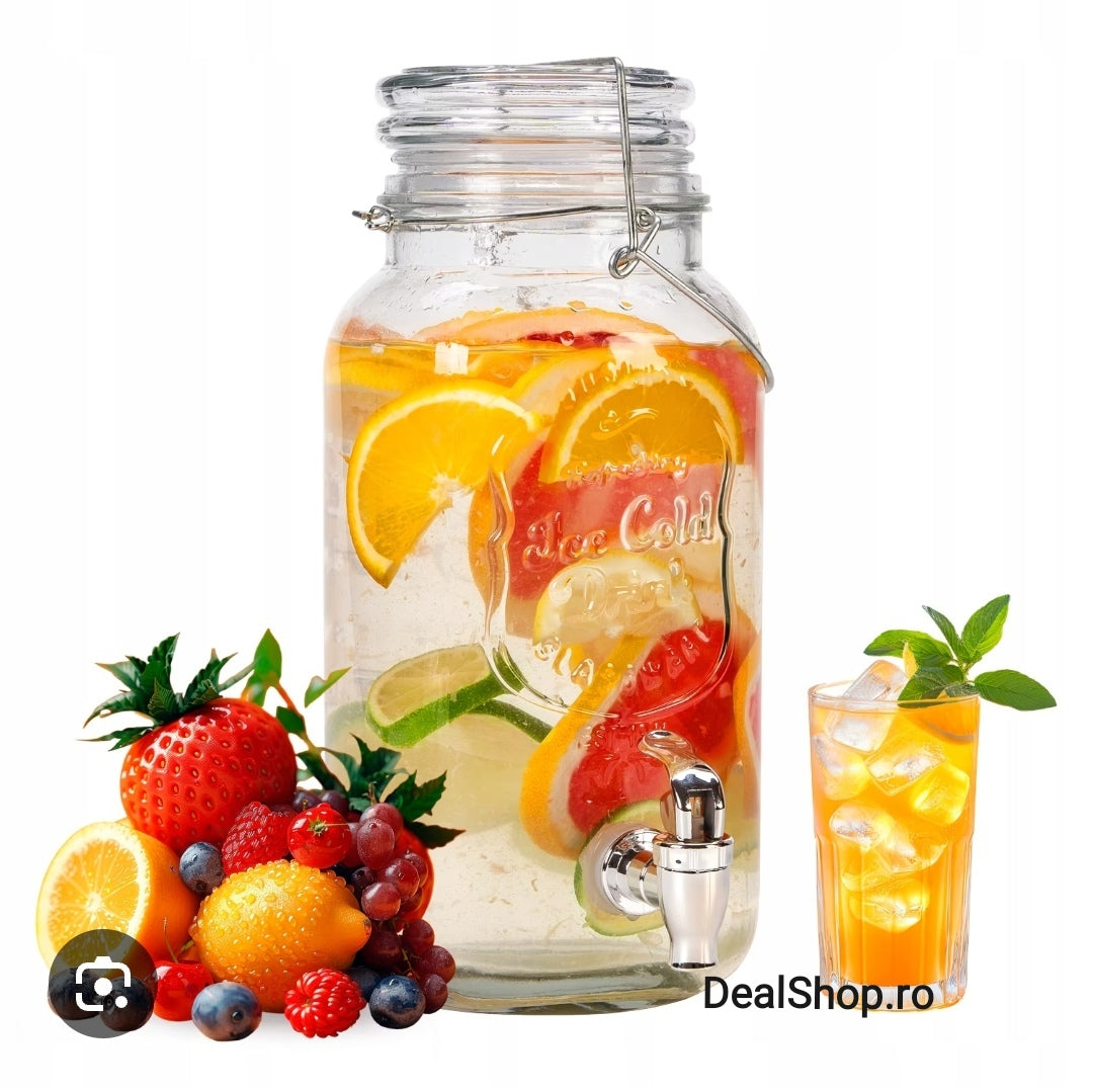 Borcan dozator 7 litri bauturi limonada suc cu robinet și capac sticla transparenta terasa piscina evenimente