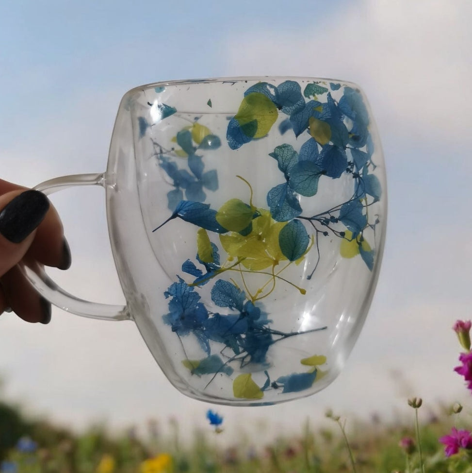 Set 6 cești cafea din sticla termorezistentă cu pereți dubli, model flori uscate 250 ml