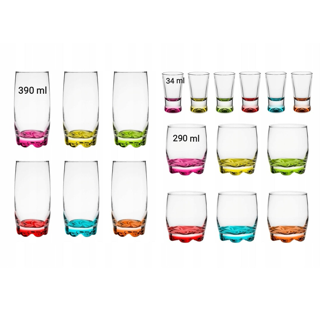 Set 18 pahare sticla color, 390 ml, 290 ml și 34 ml ideale pentru terasa sau evenimente cadoul perfect