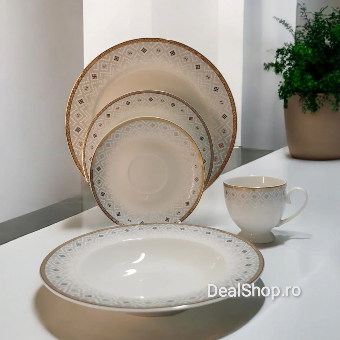 Serviciu de masă 6 persoane porțelan pentru 30 piese Alb cu Auriu Rawi 106 Eleganta și rafinament CADOUL PERFECT
