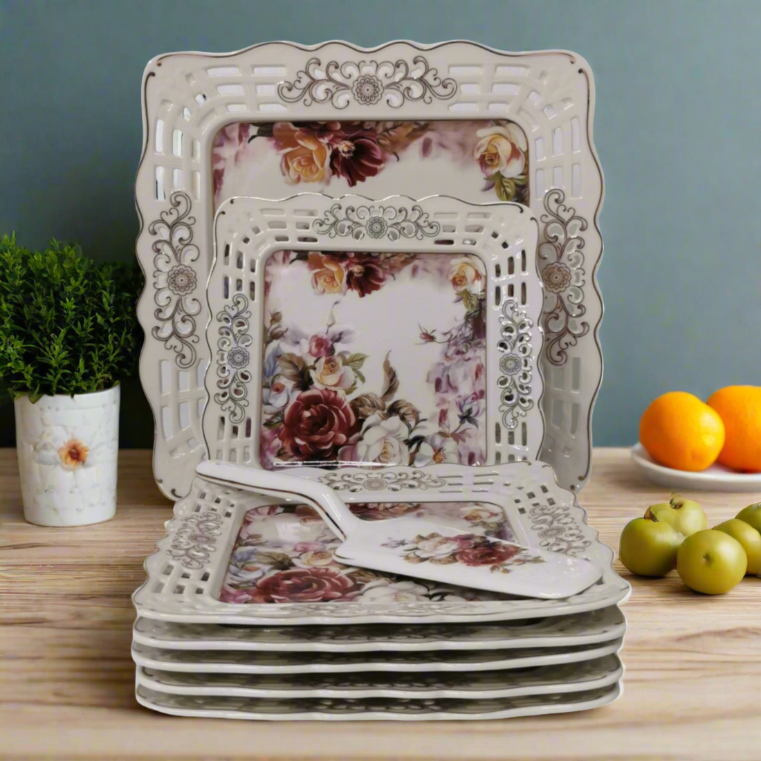 Serviciu 20 piese 6 persoane set pentru tort si set cesti ceai sau cafea, Malooki portelan model floral