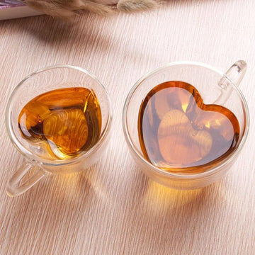 Set 6 cesti cafea Pereti Dubli Sticla Termorezistenta, Model Inima, 180 ml Caffe Latte & Latte Macchiato