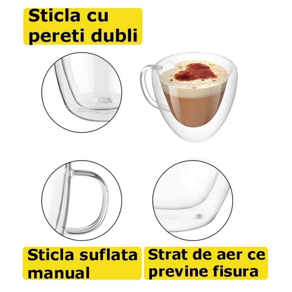 Set 12 cesti cafea Pereti Dublii Sticla Termorezistenta, Model Inima, 250 ml