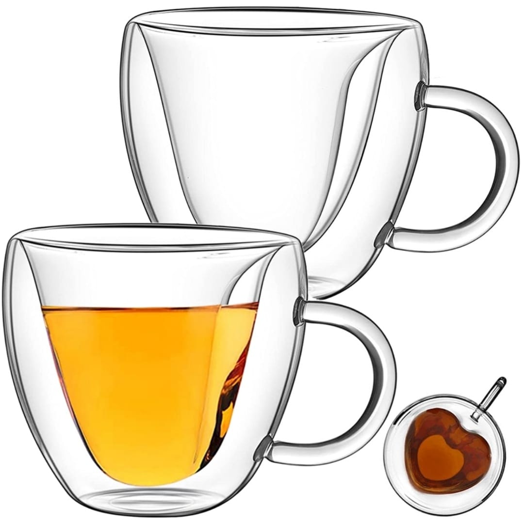 Set 4 cesti cafea Pereti Dubli Sticla Termorezistenta, Model Inima 180 ml coffee capucino latte espresso