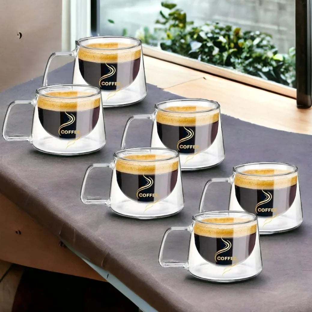 Set 12 cesti de cafea cu pereti dubli sticla termorezistenta 200 ml mesaj COFFEE  Eleganță și Funcționalitate pentru Iubitorii de Cafea