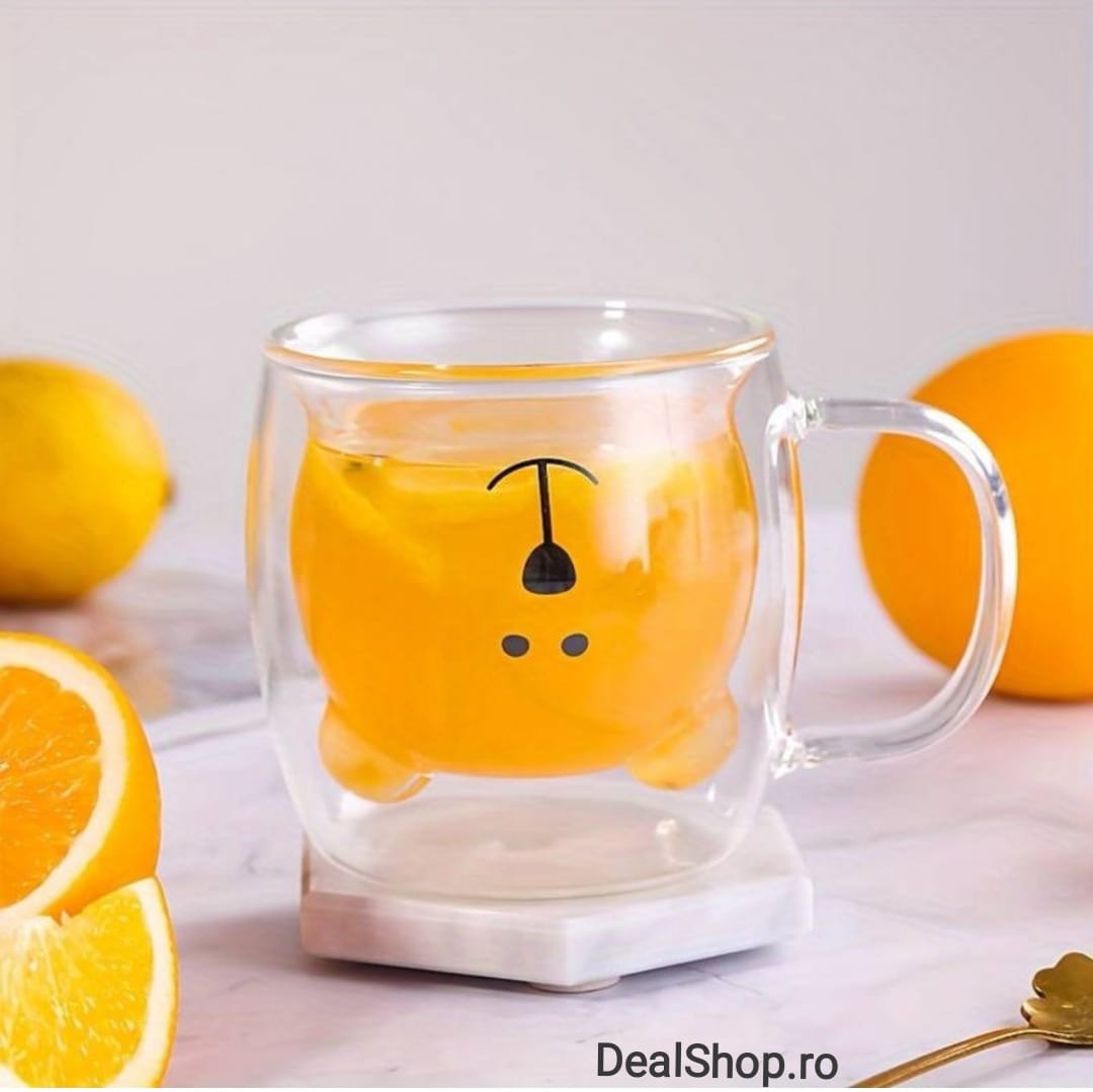 Set 12 Cesti de Cafea Pereti Dubli Sticla Termorezistenta Model Ursulet 260 ml Coffe