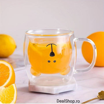 Set 12 Cesti de Cafea Pereti Dubli Sticla Termorezistenta Model Ursulet 260 ml Coffe