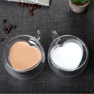 Set 12 cesti cafea pereti dubli Sticla termorezistenta Model inima 180 ml