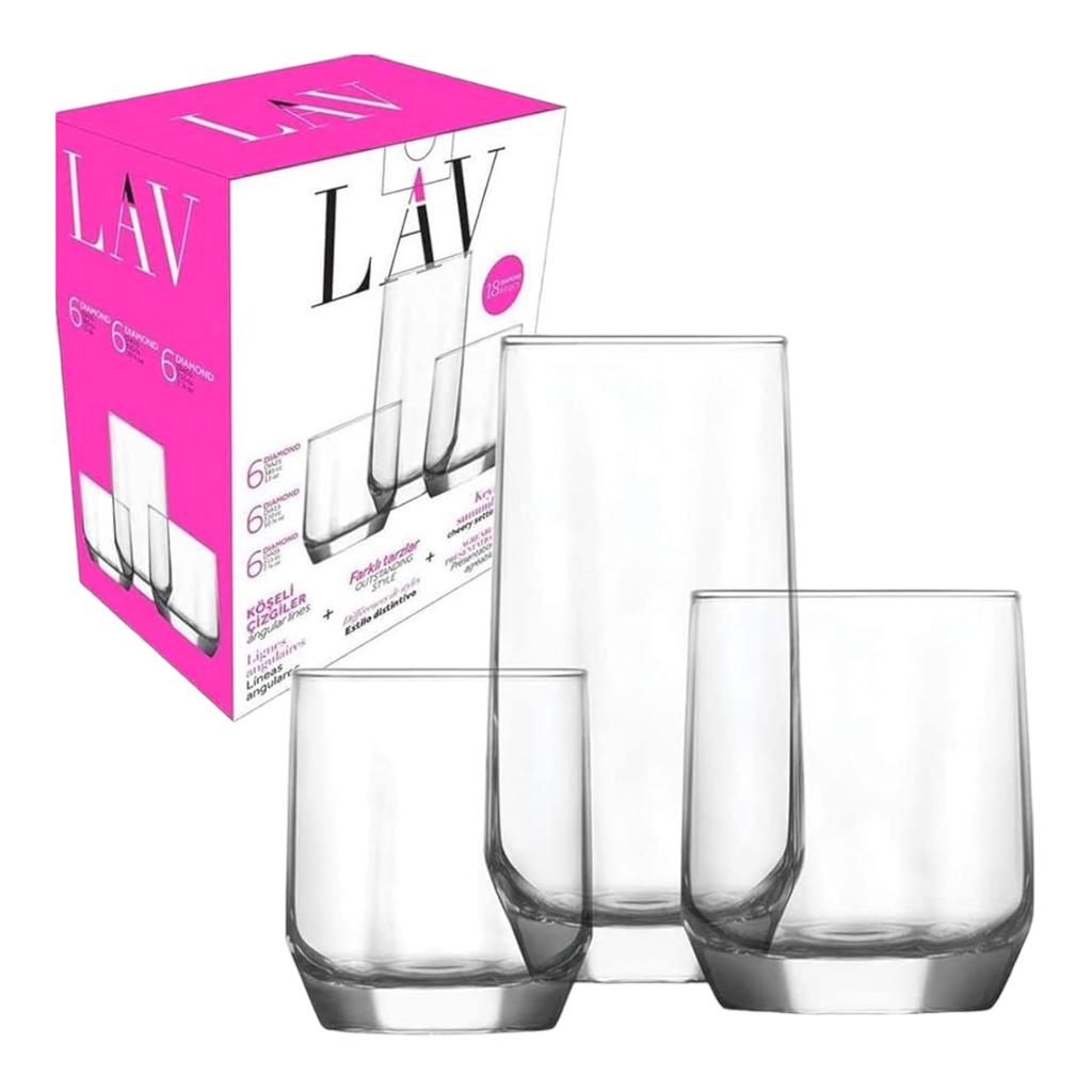 Set 18 pahare Lav Diamond 215 ml 310 ml 385 ml Sticla Eleganta și Versatilitate pentru Servirea Băuturilor