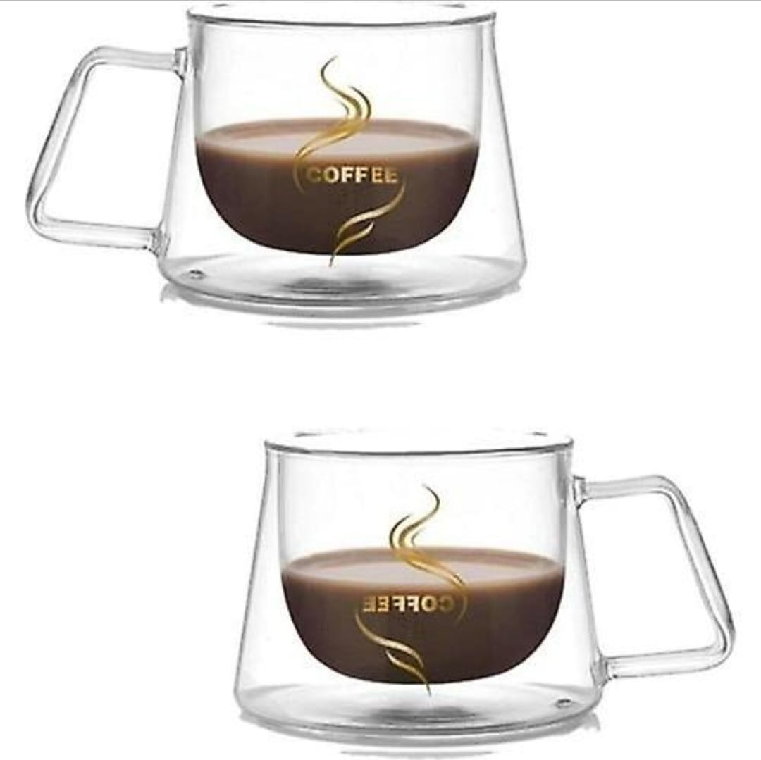 Set 2 cesti cafea cu pereti dubli termorezistente 200 ml din sticla mesaj COFFEE