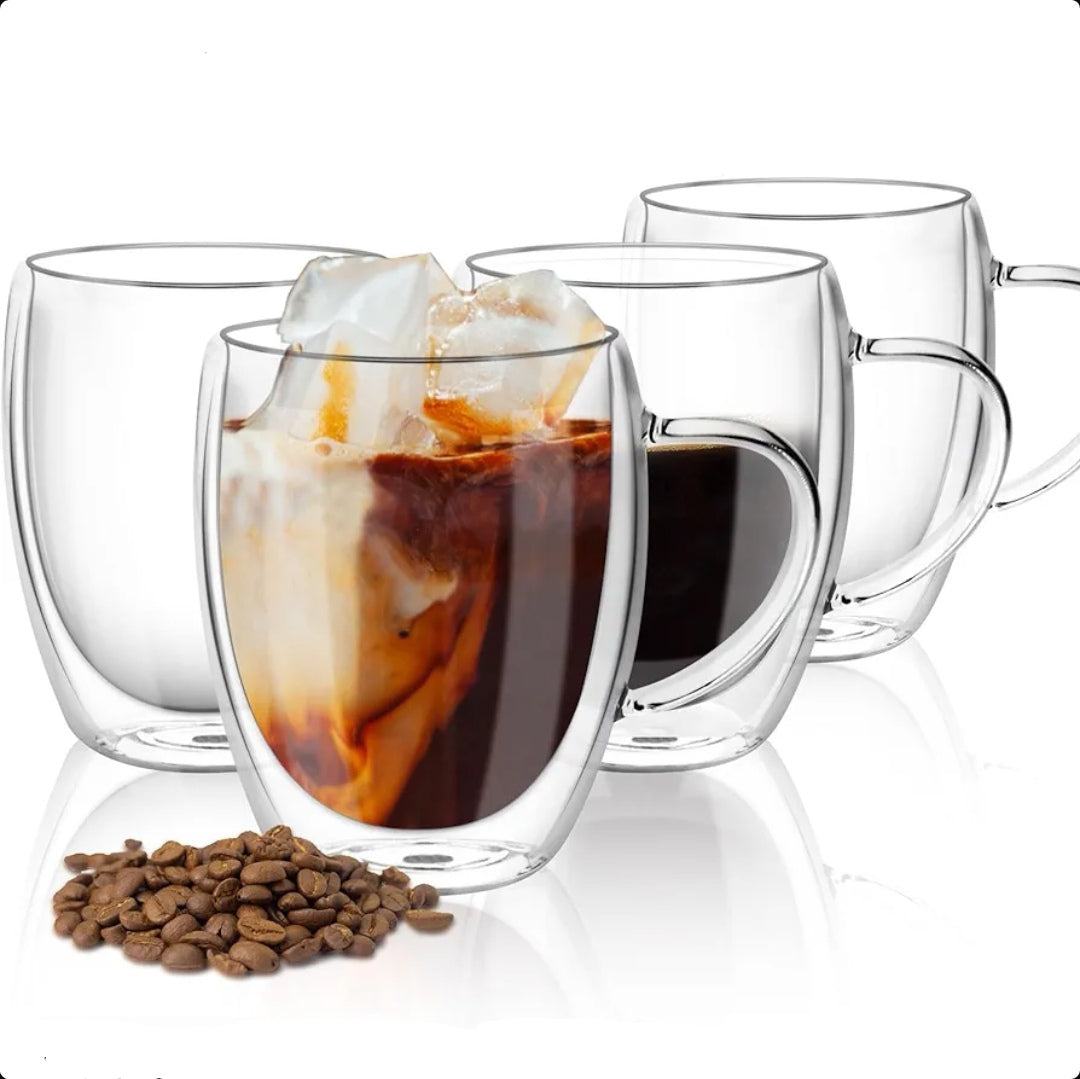 Set 4 cesti cafea pereti dublii termo de sticla coffe 350 ml