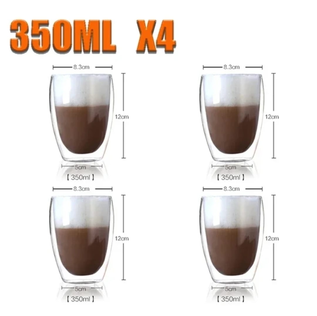 Set 4 cesti cafea pereti dublii termo de sticla coffe 350 ml