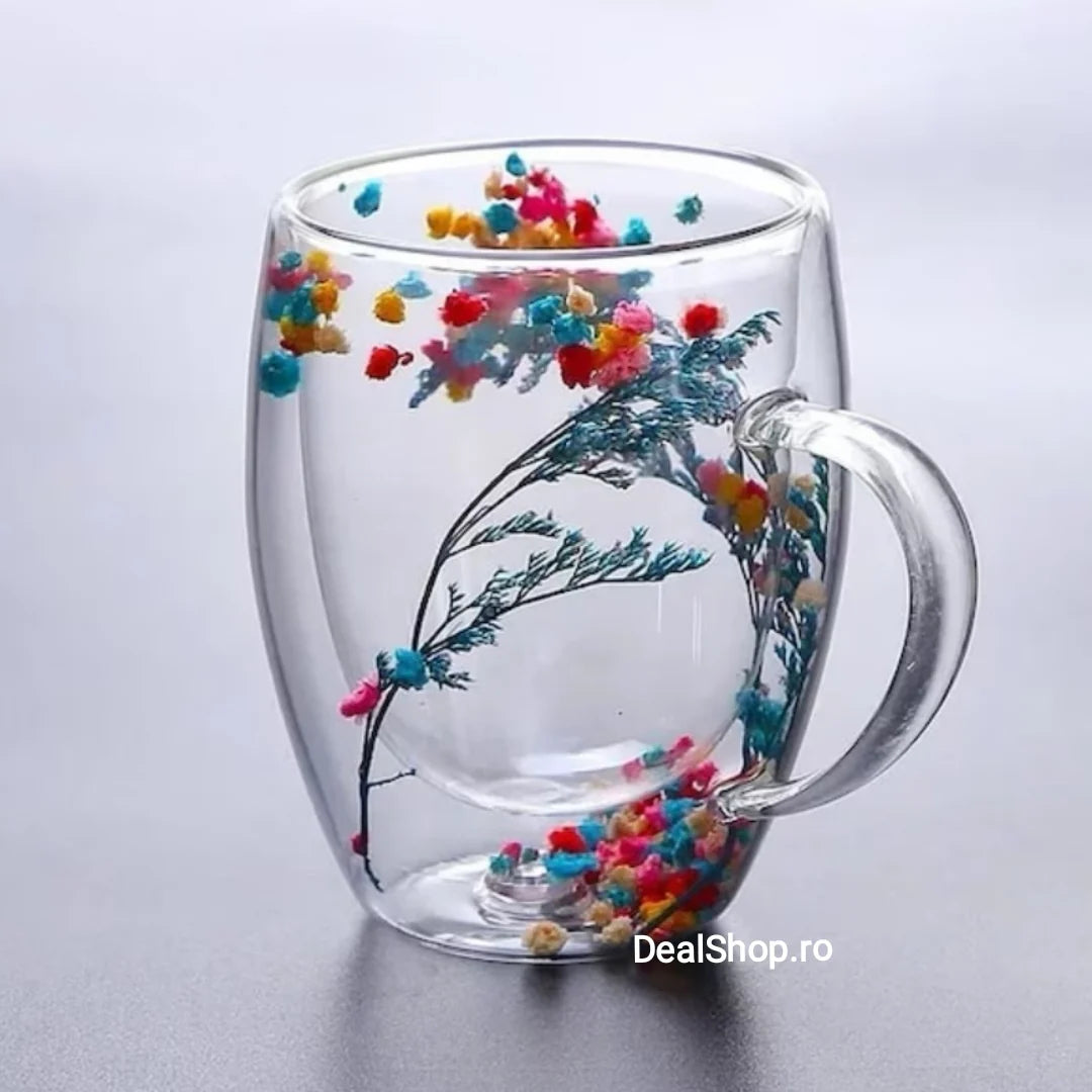 Set 4 Cesti Cafea din Sticla Termorezistenta cu Pereti Dubli si Model Flori Uscate