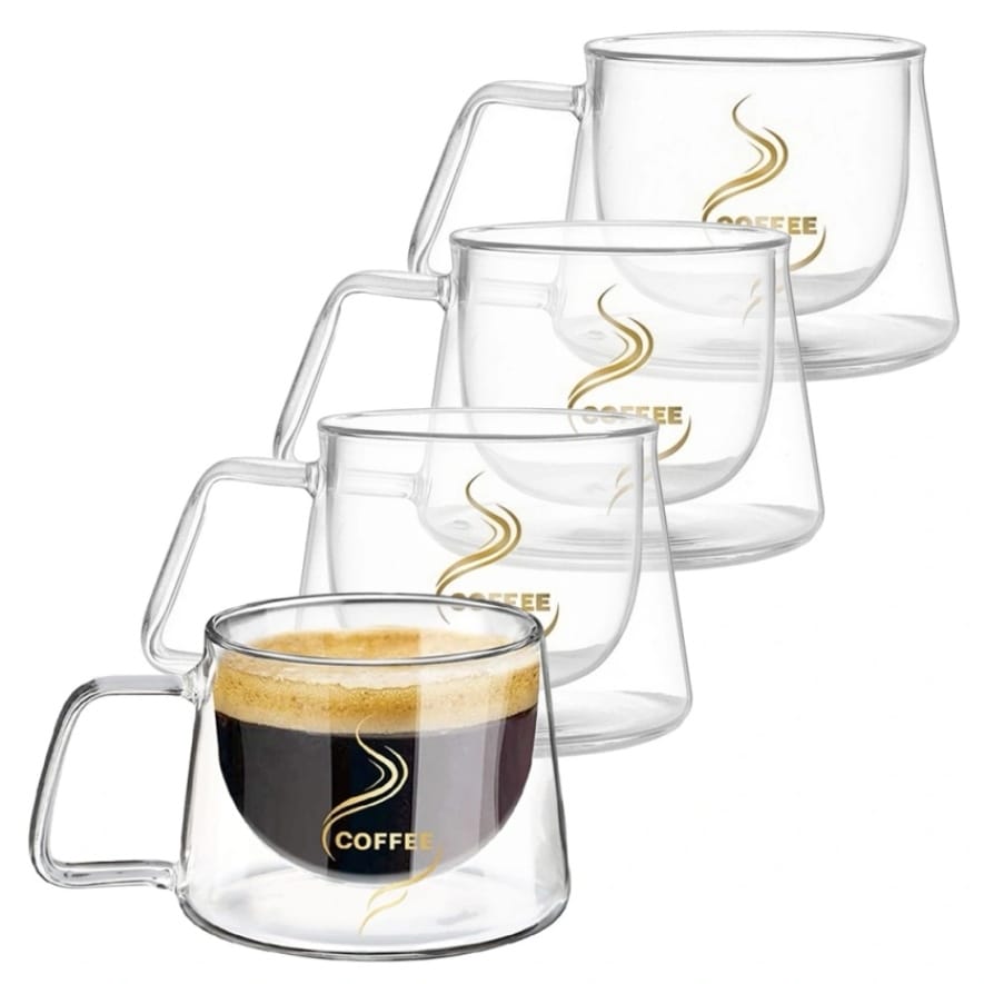 Set 4 cesti cafea 200 ml din sticla termorezistenta cu pereti dubli mesaj COFFEE Malooki