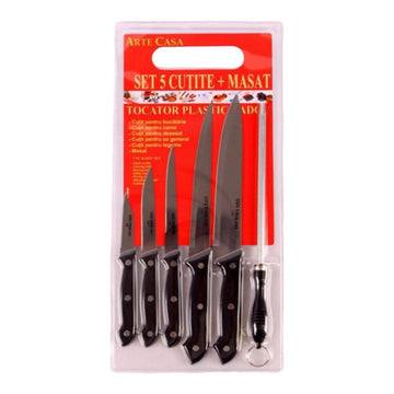 Set 5 cutite inox cu masat si tocator plastic, Maner negru, 7 piese