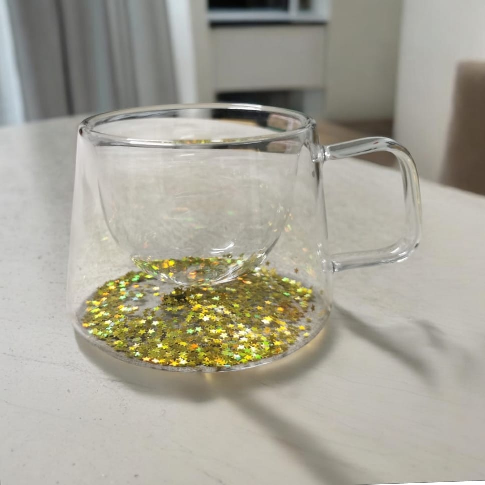 Set 6 cesti cafea Pereti Dubli Sticla Termorezistenta, Model Stelute Aurii 180 ml