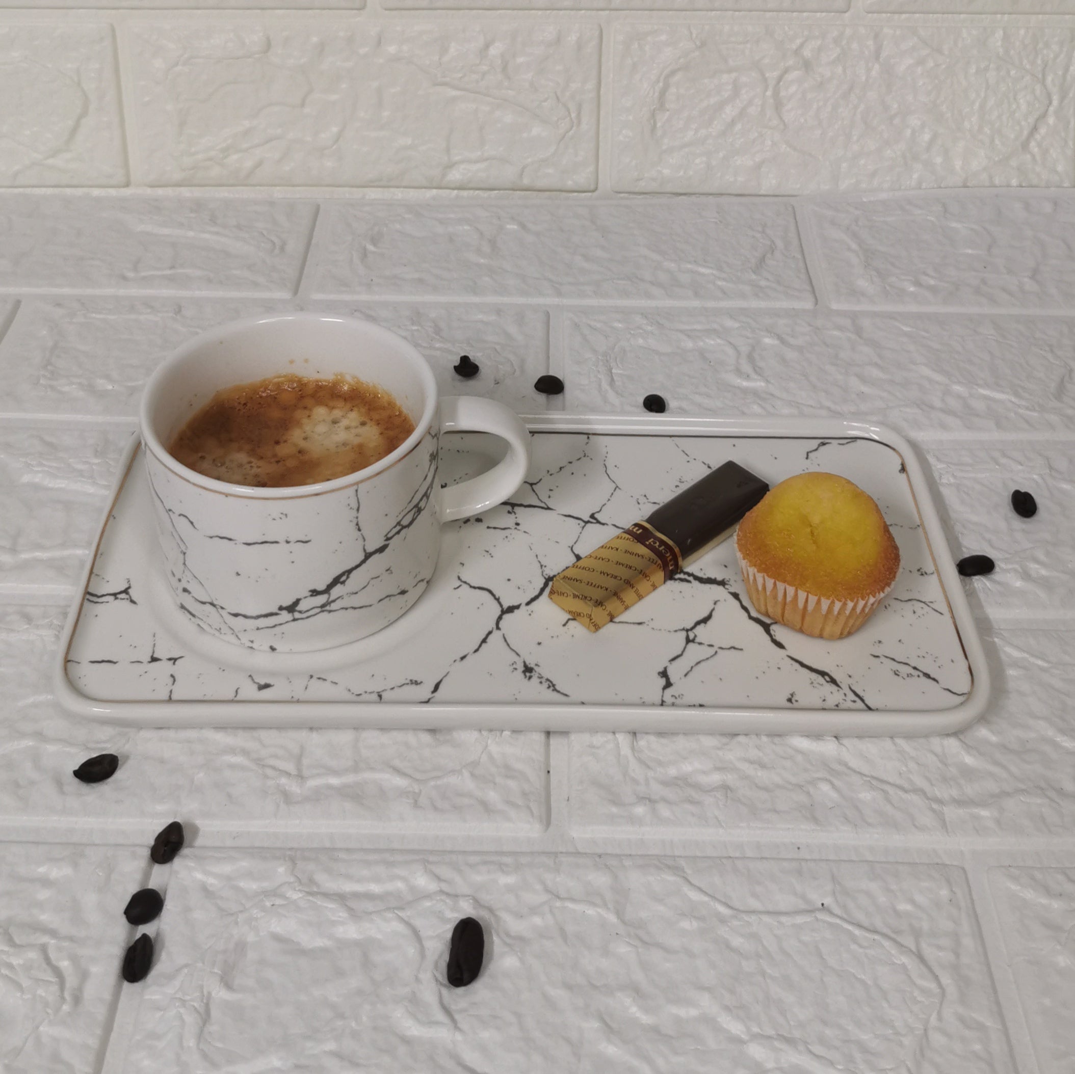 Set 6 cesti cafea ceai cu farfurioare ceramica fina model marmura alba Malooki Luxury Collection