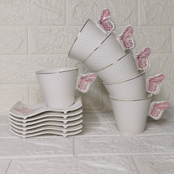 Set 6 cesti cu 6 farfurioare cafea ceai  alb cu imprimeu roz model fluture 200 ml Malooki Luxury Collection