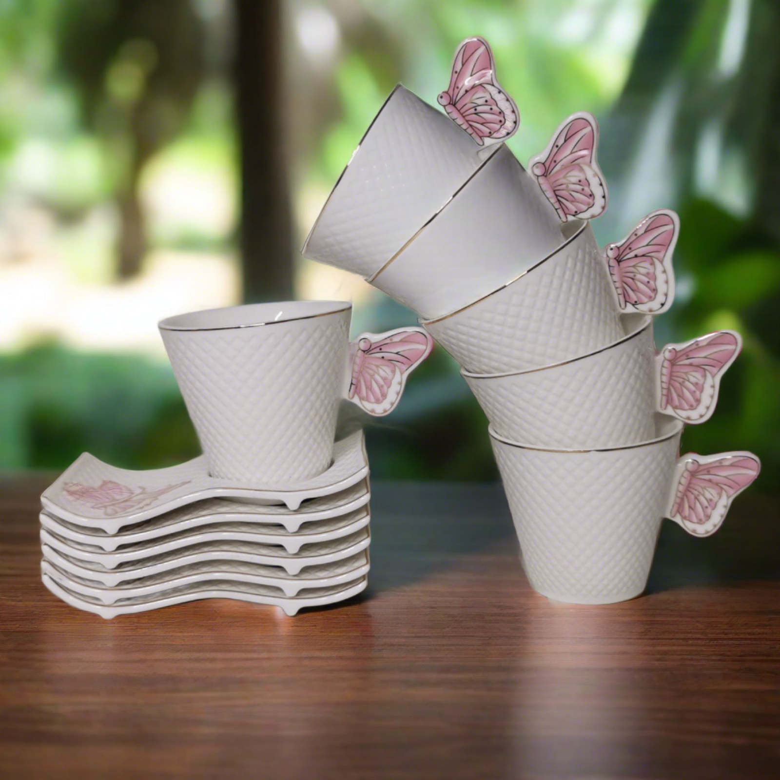 Set 6 cesti cafea ceai alb cu imprimeu roz fluture  200 ml Malooki Luxury Collection