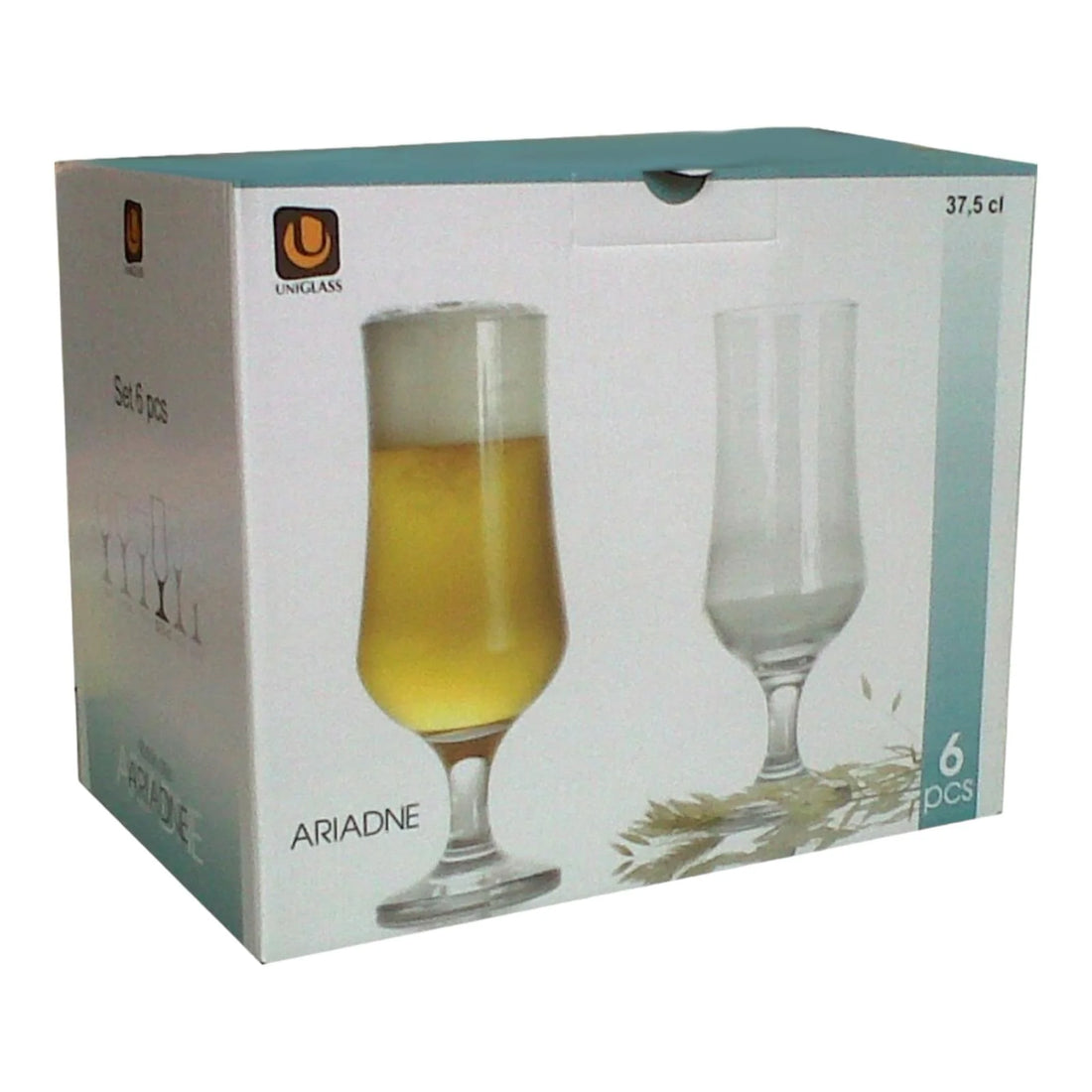 Set 6 pahare cu Picior Uniglass Ariadne 365 ml Perfecte pt Bere Suc Apă sau Cocktailuri