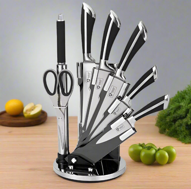 Set cutite suport rotativ 8 piese Royalty Line RL-KSS700 inox