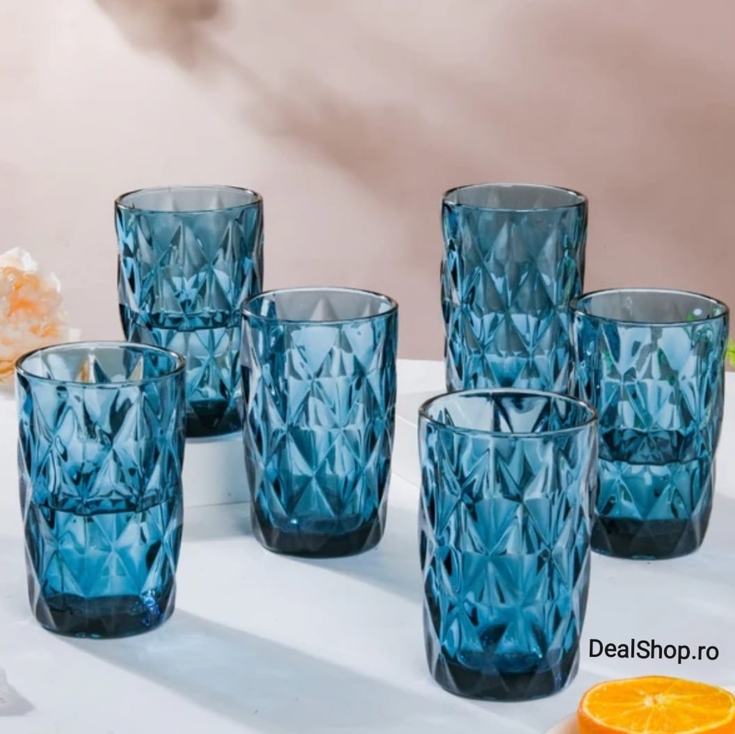 Set de 6 pahare din sticla, 400 ml, blue
