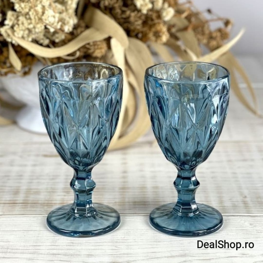 Set de 6 pahare din sticla cu picior 350 ml blue