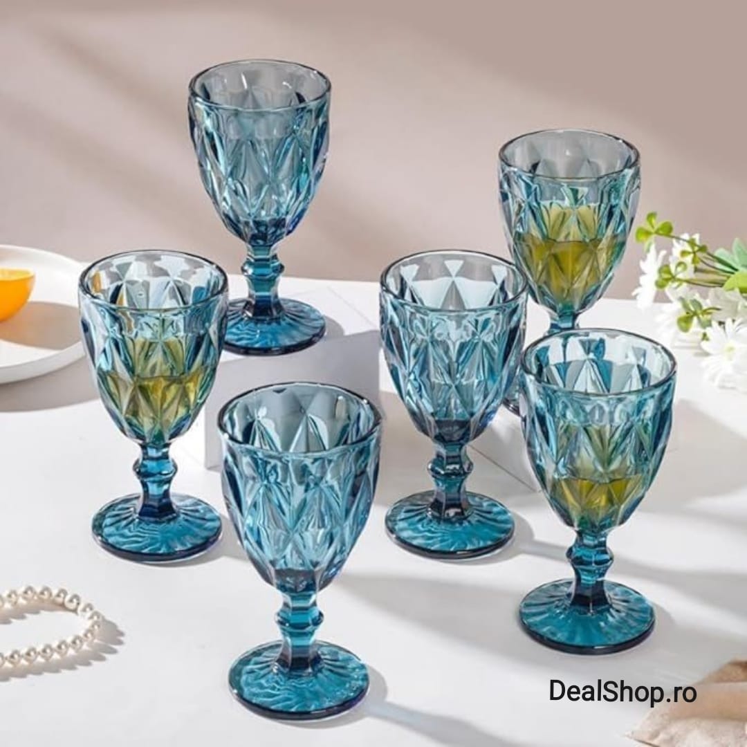 Set 6 Pahare cu Picior din Sticlă, 250 ml Blue Eleganță pentru Terasă piscina și Evenimente CADOUL PERFECT