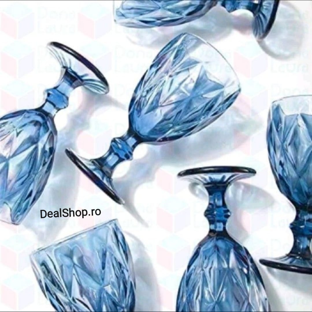 Set de 6 pahare din sticla cu picior 350 ml blue terasa piscina evenimente CADOUL PERFECT