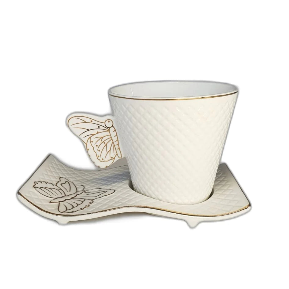 Set 6 cesti cafea sau ceai 200 ml cu 6 farfurioare alb cu imprimeu auriu model fluture Malooki Luxury Collection