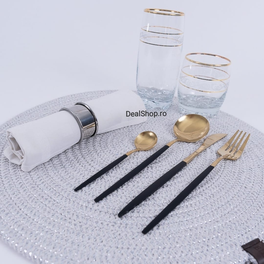 Set 12 persoane tacamuri 48 piese negru cu auriu cadoul perfect