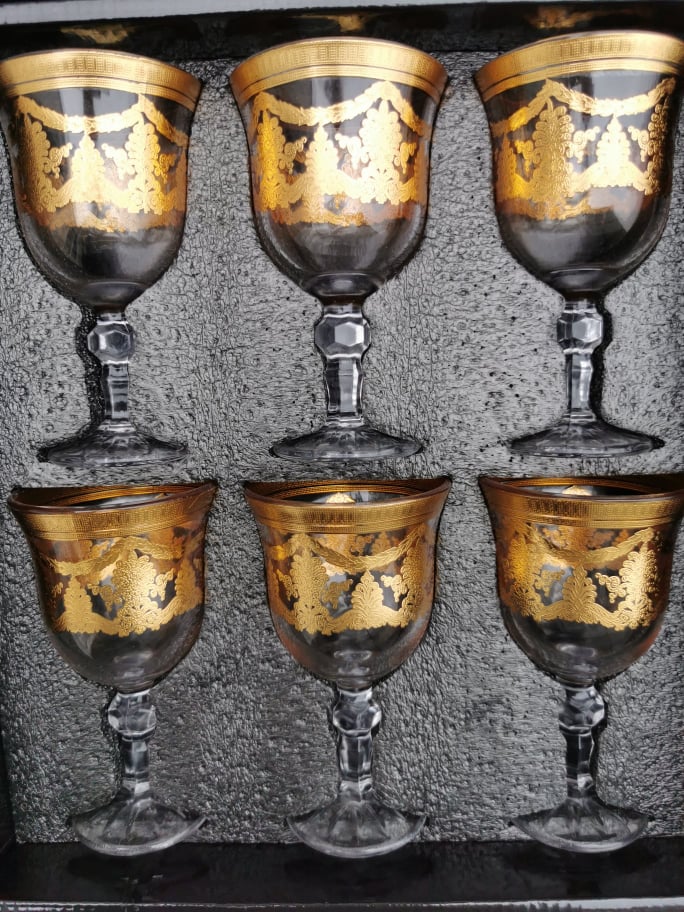 Set 6 pahare cu picior deluxe glassware imprimeu auriu