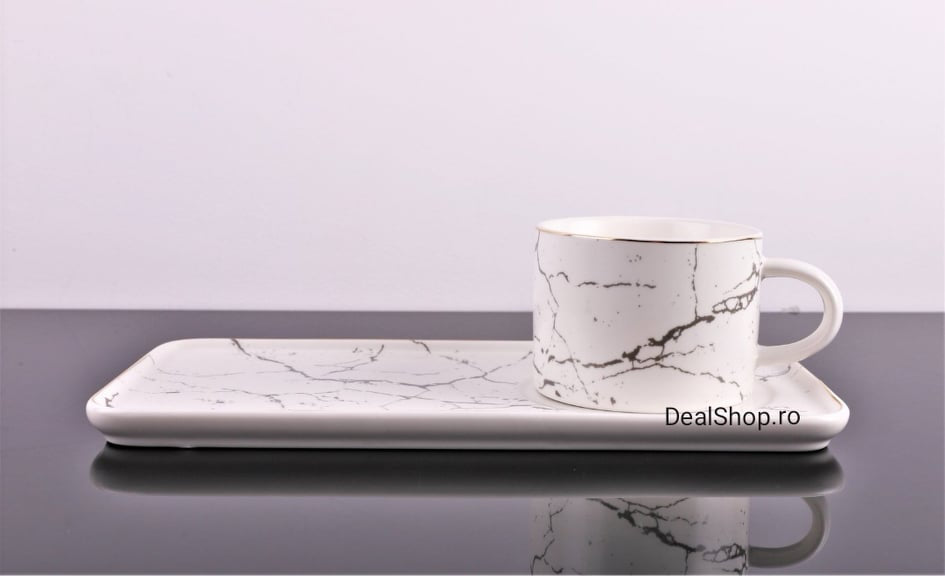 Set 6 cesti cafea ceai cu farfurioare ceramica fina model marmura alba Malooki Luxury Collection