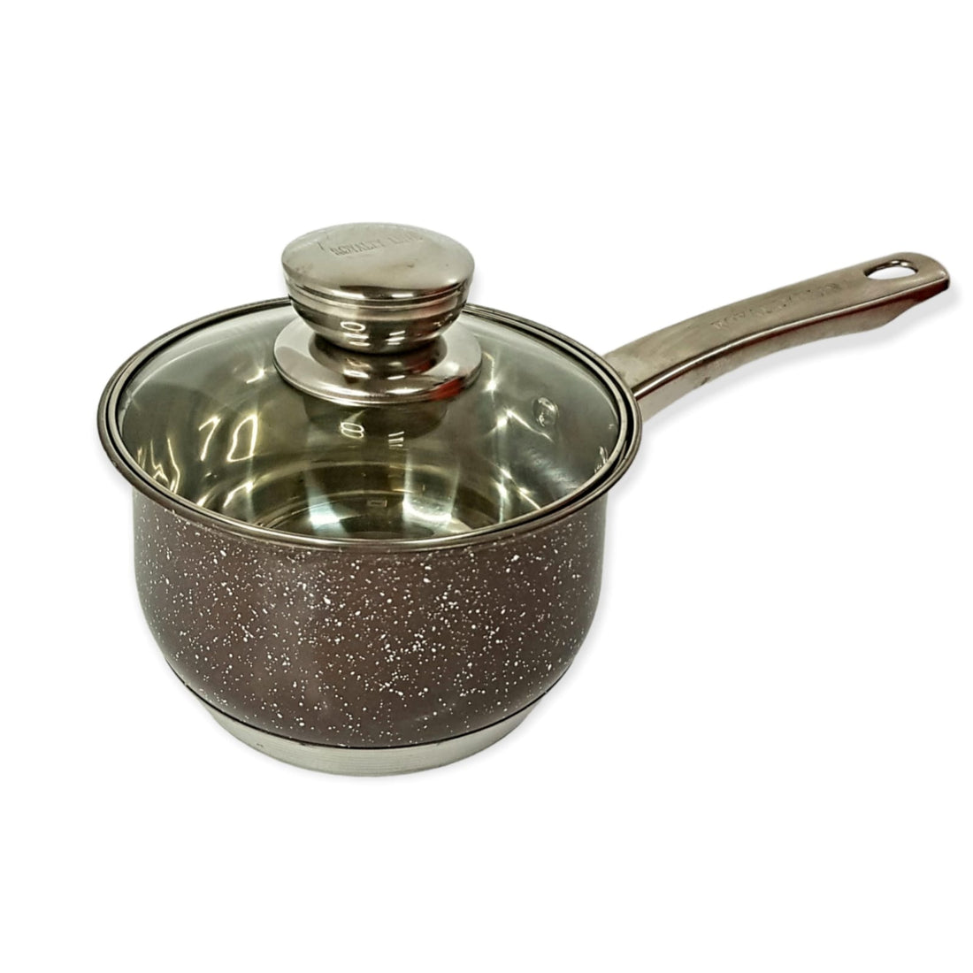 Cratită cu coadă Royalty Line Brown 2.1 litri – inox cu fund multistrat și capac din sticlă, gătit rapid și elegant
