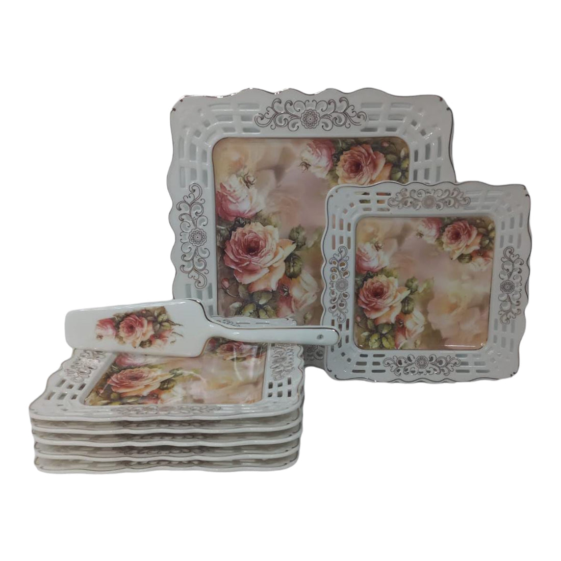 Set tort elegant Malooki 8 piese portelan forma patrata model floral A1